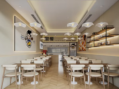 Modern Minimalist Restaurant Interior With Orderly Tables Chairs Pendant Lights Shelves And Wall Art 3d model