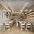 Modern Minimalist Restaurant Interior With Orderly Tables Chairs Pendant Lights Shelves And Wall Art