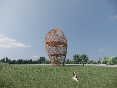 Woven Spiral Observation Deck In Green Meadow With Blue Sky And Trees 3d model