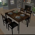 Warm Dining Room Setup With Wooden Table Black Chairs Tableware Flower Arrangement And Fireplace