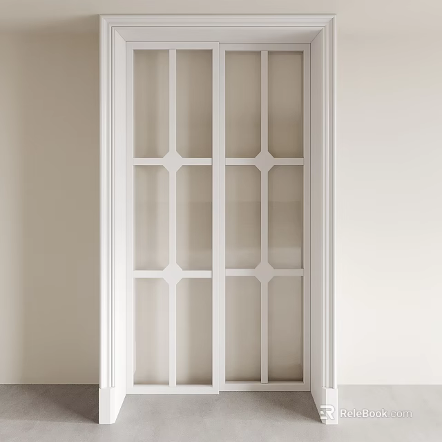White Sliding Door With Grid Design Set In Light Colored Interior Walls 3d model