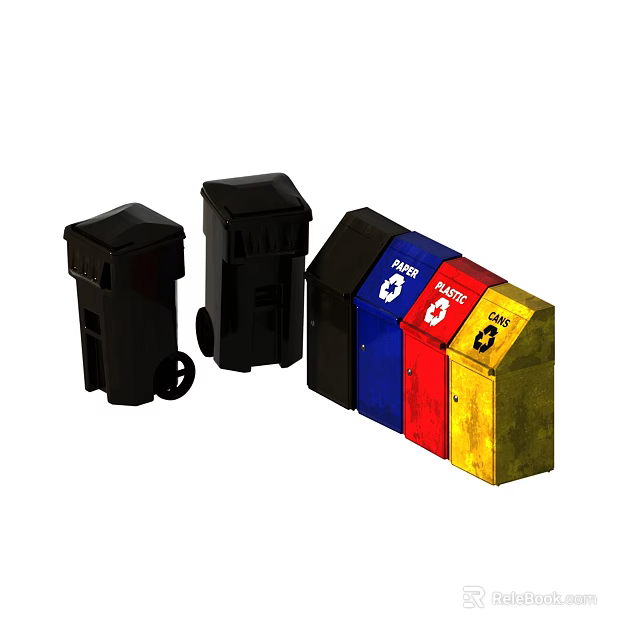 Public Facilities Trash Bins With Black Garbage And Colored Recycling Containers For Waste Management 3d model 