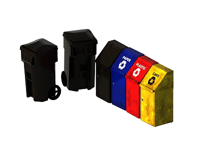 Public Facilities Trash Bins With Black Garbage And Colored Recycling Containers For Waste Management 3d model