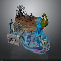 Whimsical Miniature Landscape With Cliff Waterfall Blue Water Windmill And Small Trees
