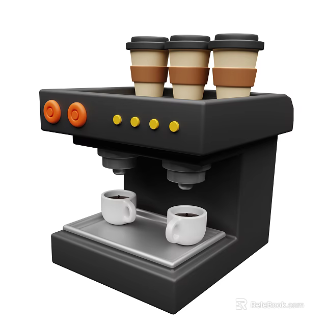 Black Coffee Machine Kitchen Appliance With Orange Knobs Yellow Buttons And Coffee Cups On Tray 3d model