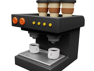 Black Coffee Machine Kitchen Appliance With Orange Knobs Yellow Buttons And Coffee Cups On Tray 3d model