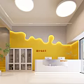 Kids Playroom with Blue Yellow Walls Astronaut Decor Round Windows White Table Chairs Building Blocks