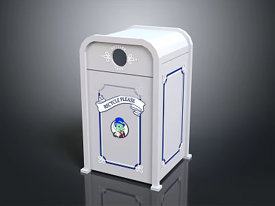 White Trash Bin With Blue Trim And Blue Bin Label Featuring Cartoon Graphic 3d model