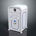 White Trash Bin With Blue Trim And Blue Bin Label Featuring Cartoon Graphic