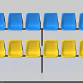 Public Chairs With Blue And Yellow Seats And Black Frames In Two Rows
