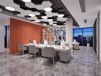 Public Office Space With Hexagonal Ceiling Lights Orange Brick Wall Desks And Large Windows 3d model