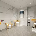 Modern Public Restroom With Marble Walls Yellow Handrails Washbasins Toilets And Decorative Painting