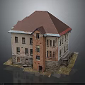 Vintage Building With Red Roof Red Brick Walls Light Colored Exterior And Windows