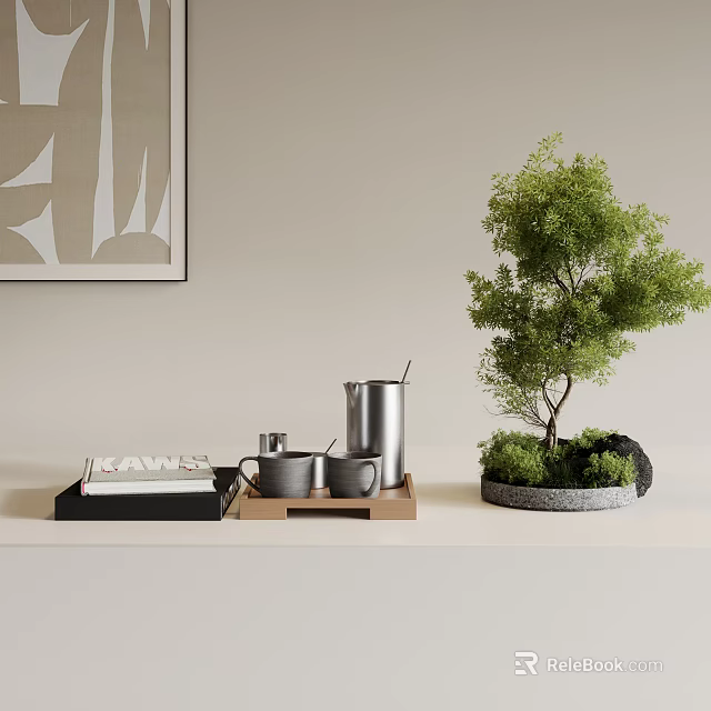 Modern Decorative Ornament Set With Small Potted Tree Metal Jug Mugs And Wooden Tray 3d model 