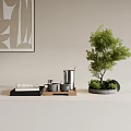 Modern Decorative Ornament Set With Small Potted Tree Metal Jug Mugs And Wooden Tray