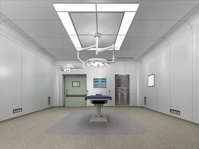 Clean Operating Room Interior With Surgical Table Hanging Lights And Green Door 3d model