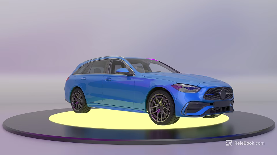 Blue Wagon Car With Modern Design On Display Platform And Stylish Alloy Wheels 3d model 