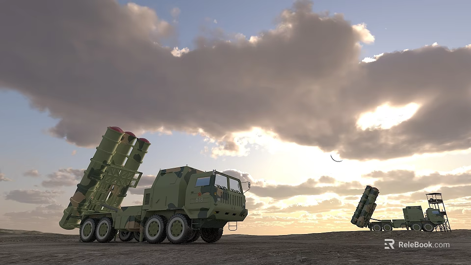 Military Missile Launch Vehicles In Open Field During Sunset With Cloudy Sky 3d model 