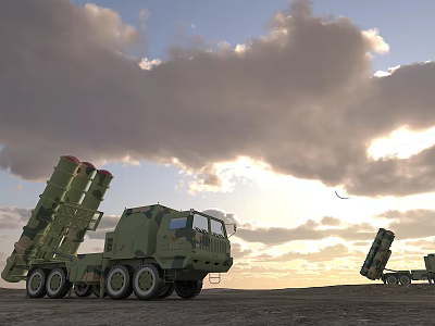 Military Missile Launch Vehicles In Open Field During Sunset With Cloudy Sky 3d model