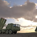 Military Missile Launch Vehicles In Open Field During Sunset With Cloudy Sky