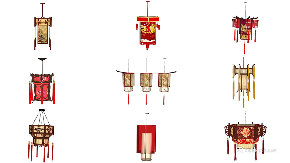 Traditional Chinese Lanterns With Various Colorful Designs And Hanging Decorative Styles 3d model 