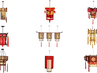 Traditional Chinese Lanterns With Various Colorful Designs And Hanging Decorative Styles 3d model