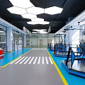 Modern Standard Testing Space Interior with Blue Flooring White Stripes Yellow Lines and Glass Partitions