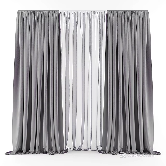 Modern Gray Double Layer Curtains With Sheer Panels For Window Decoration 3d model