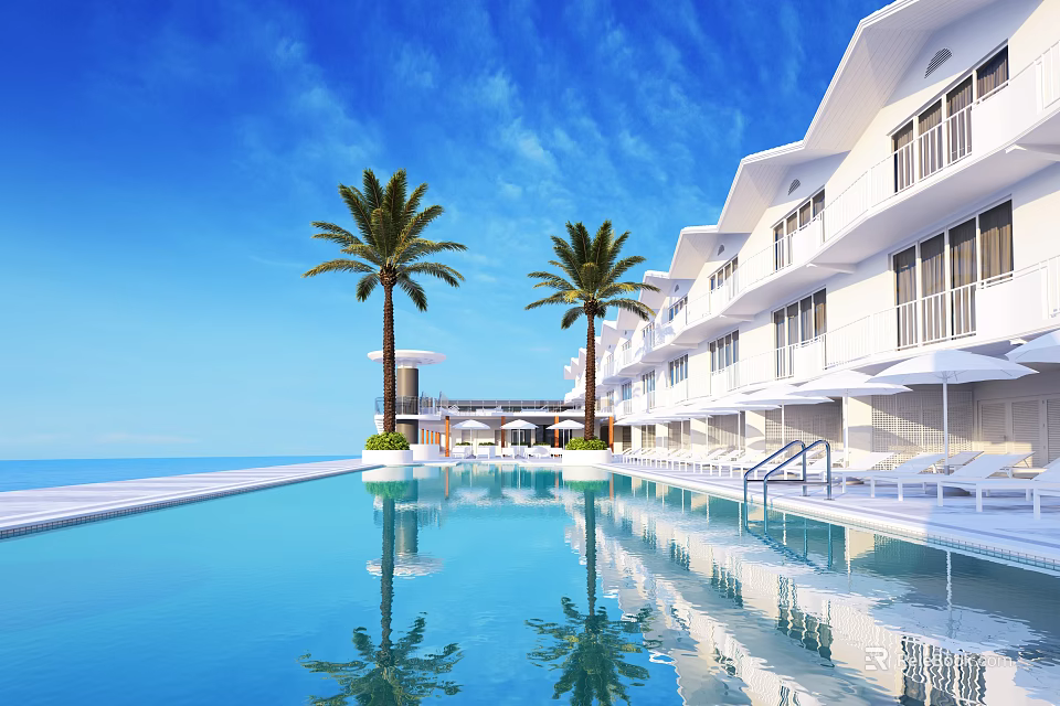 Tropical Garden Landscape With Swimming Pool Palm Trees Water Reflection And White Buildings 3d model 