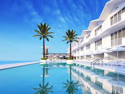 Tropical Garden Landscape With Swimming Pool Palm Trees Water Reflection And White Buildings 3d model