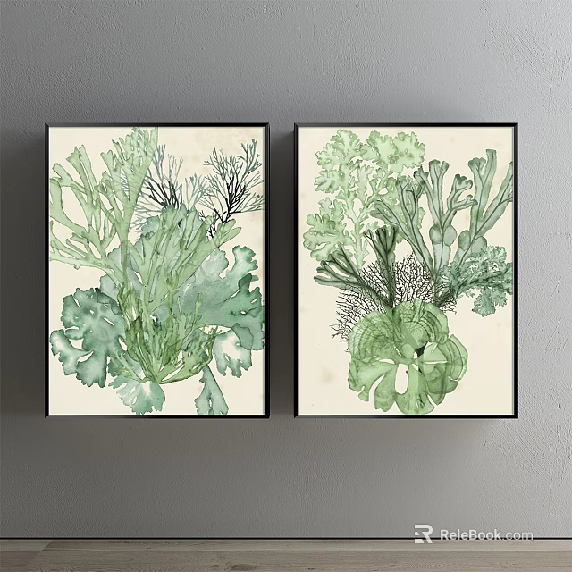 Two Green Leafy Plant Paintings With Black Frames For Home Wall Decor 3d model
