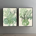 Two Green Leafy Plant Paintings With Black Frames For Home Wall Decor 3d model