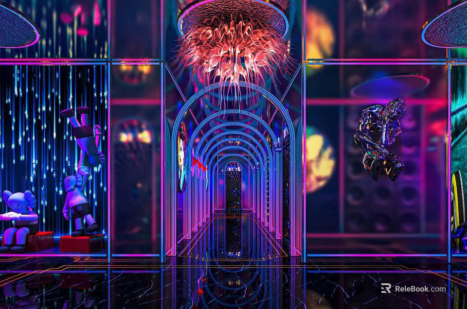 Futuristic KTV Corridor Interior With Neon Lighting And Mirrored Decor 3d model 