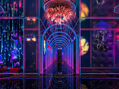 Futuristic KTV Corridor Interior With Neon Lighting And Mirrored Decor 3d model