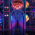 Futuristic KTV Corridor Interior With Neon Lighting And Mirrored Decor