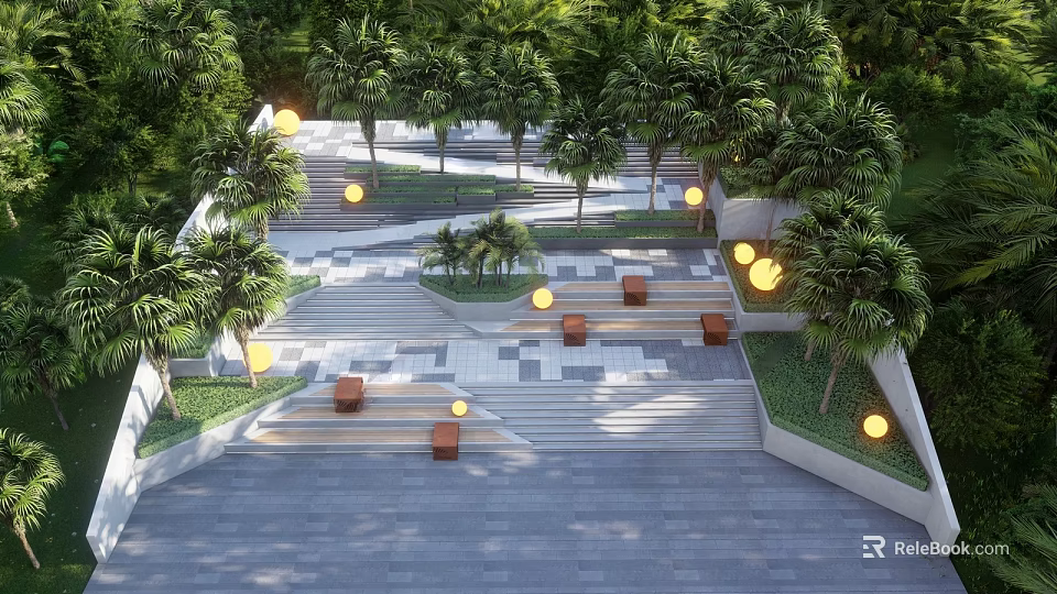 Commercial Landscape Design Featuring Tiered Steps Lush Palm Trees Warm Lighting And Wooden Benches 3d model 