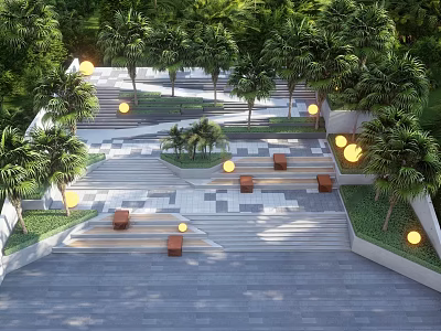 Commercial Landscape Design Featuring Tiered Steps Lush Palm Trees Warm Lighting And Wooden Benches 3d model