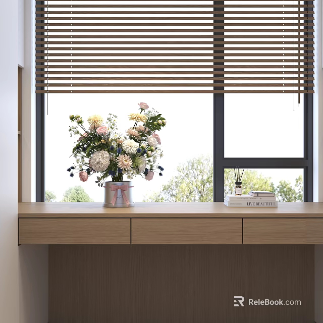 Wooden Windowsill With Flower Vase Blinds Trees Outside And Book 3d model 