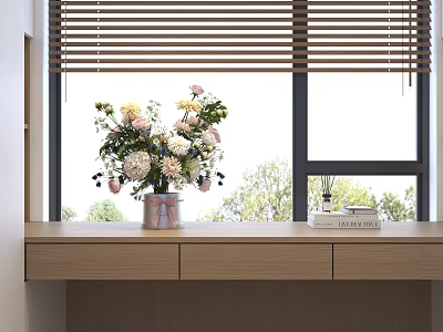 Wooden Windowsill With Flower Vase Blinds Trees Outside And Book 3d model