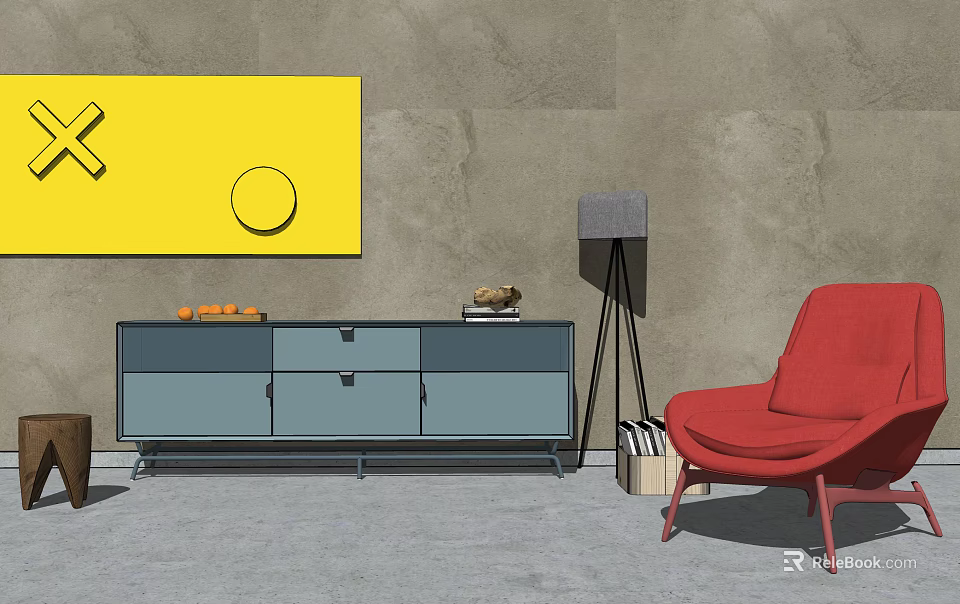 Modern Blue Console Cabinet And Side Cabinet With Red Chair Floor Lamp Oranges And Books 3d model 