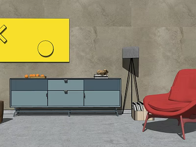 Modern Blue Console Cabinet And Side Cabinet With Red Chair Floor Lamp Oranges And Books 3d model