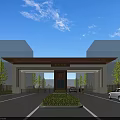 Traditional Chinese Entrance Gate With Archway Plaque Greenery And Parking Area