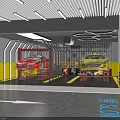 Car Repair Garage Interior With Two Vehicles On Lifts And Warning Stripes