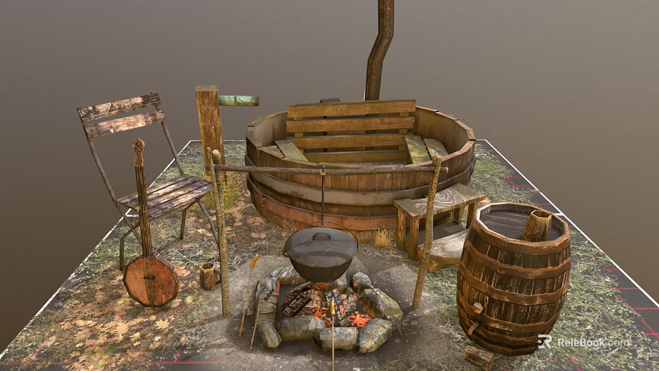 Rustic Garden Decor Setup With Wooden Chair Barrel Campfire Tub And Grass 3d model 