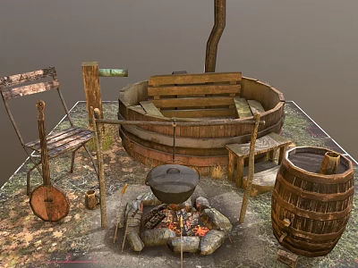 Rustic Garden Decor Setup With Wooden Chair Barrel Campfire Tub And Grass 3d model