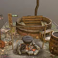 Rustic Garden Decor Setup With Wooden Chair Barrel Campfire Tub And Grass