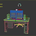 Home Office Computer Desk With Monitor Headphones Speakers Keyboard Mouse And Chair