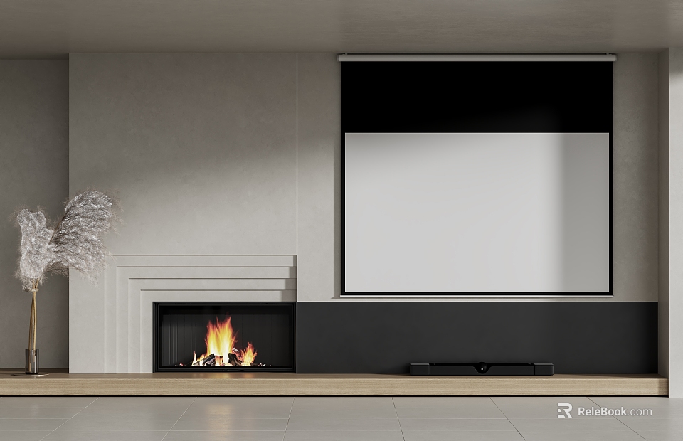 Modern Minimalist TV Wall Design With Projector Screen And Fireplace 3d model 