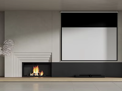 Modern Minimalist TV Wall Design With Projector Screen And Fireplace 3d model