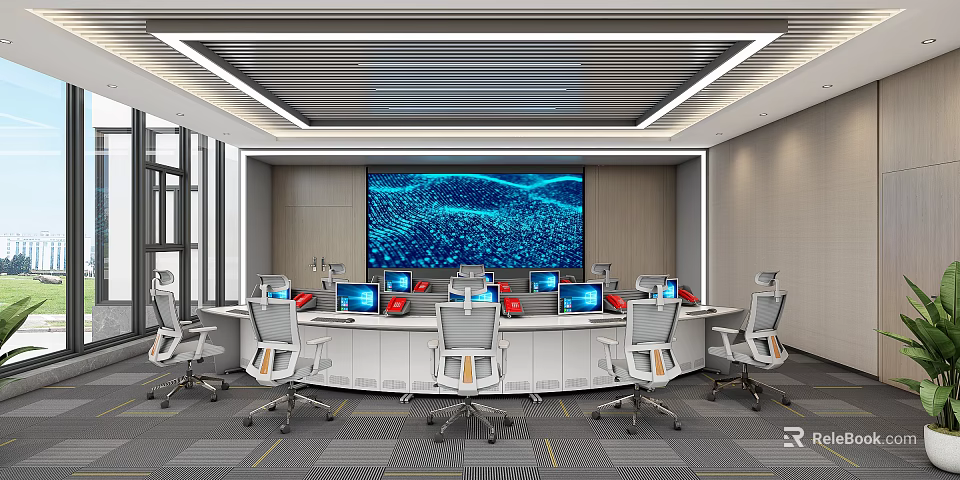 Modern Control Room With Large Blue Display Multiple Workstations And White Chairs 3d model